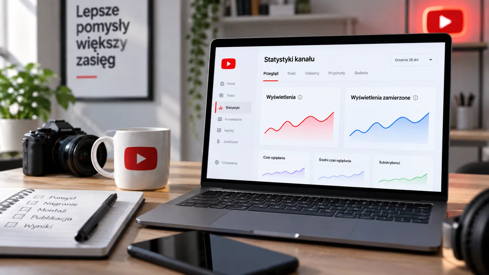 Laptop na biurku, logo YouTube w tle
